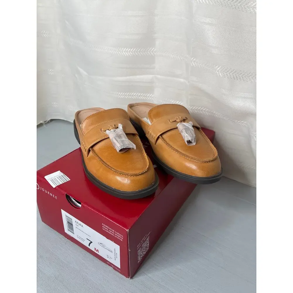 Journee Collection Azura Tassel Mule Loafer Tan Round Toe Size 7M